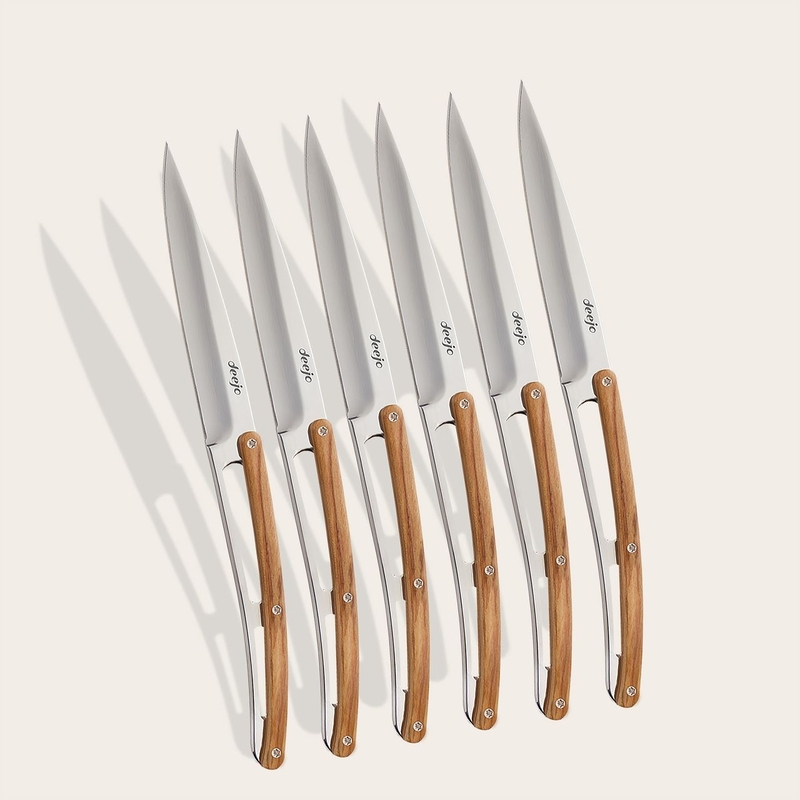 Deejo 6 Steak Knives, Mirror, Olive Wood