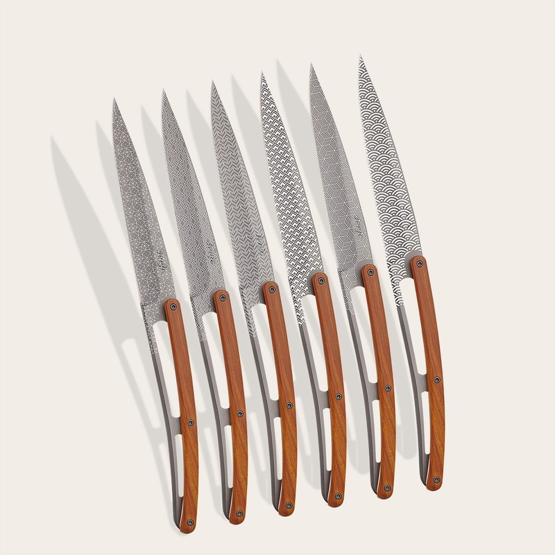 Deejo 6 Steak Knives, Titanium, Coral Wood, Geometrie