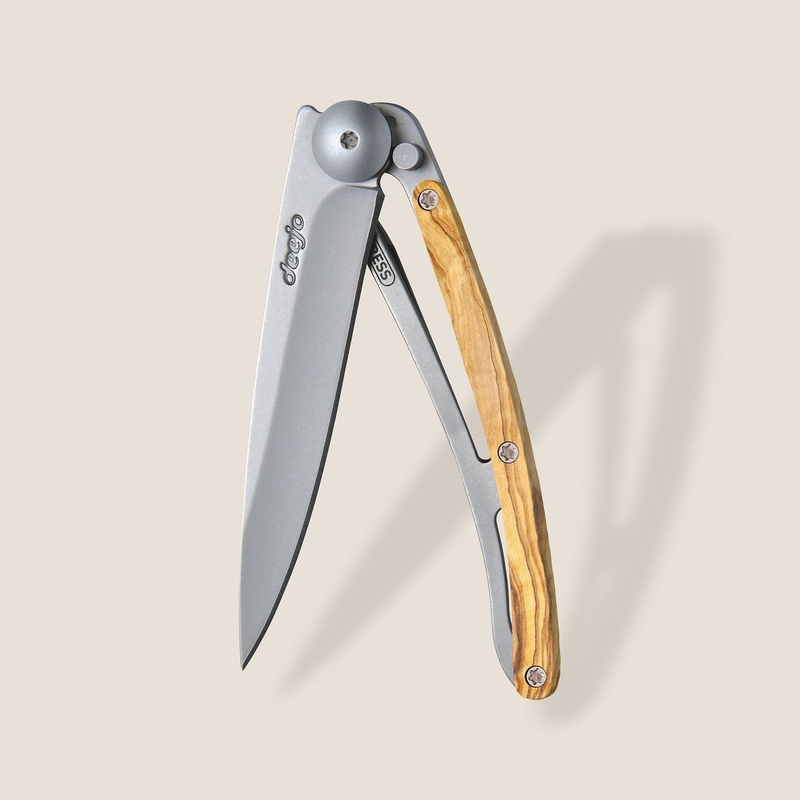 Deejo 27g, Pocket Knife, Titanium, Olive Wood